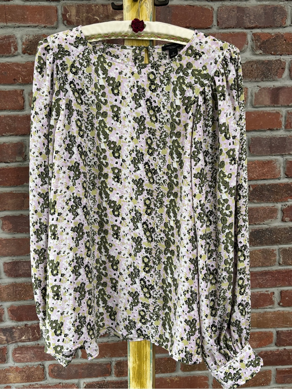 Ann Taylor Women’s Floral Long-Sleeve Blouse in Olive & Light Pink